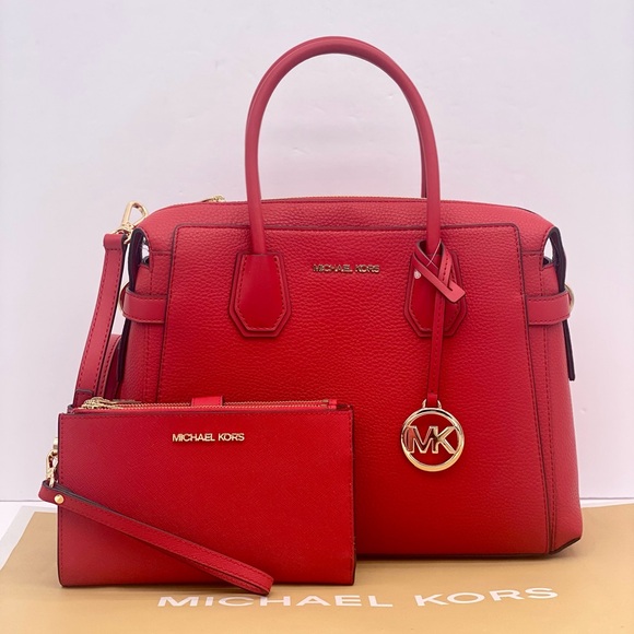 Michael Kors Mercer Medium Belted Satchel Crossbody And Wallet Set Bright Red - Picture 2 of 15